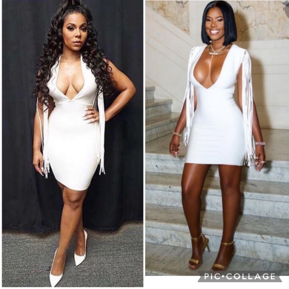 NEW Miss Circle Bianca White Bandage Dress Fringe Sleeve Bodycon Medium Chic